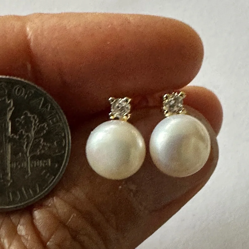 8mm White Cultured Pearl Stud Earrings - 14K Yellow Gold Plate - CZ Accents